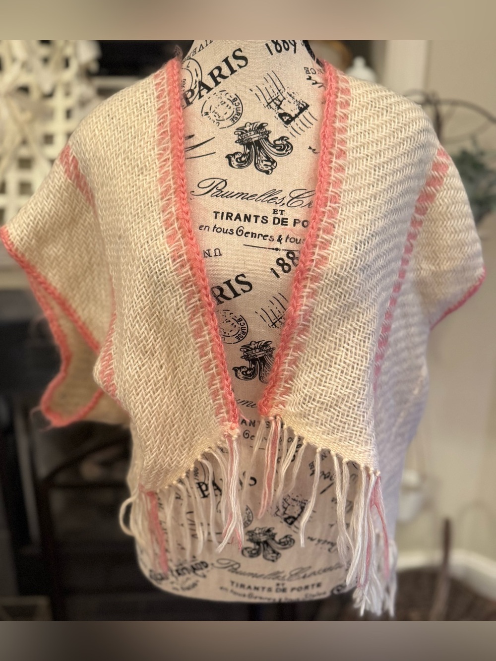 Vintage Boho Shawl Pink Cream Fringe Hand Woven Mohair Poncho Wrap Feminine 90s